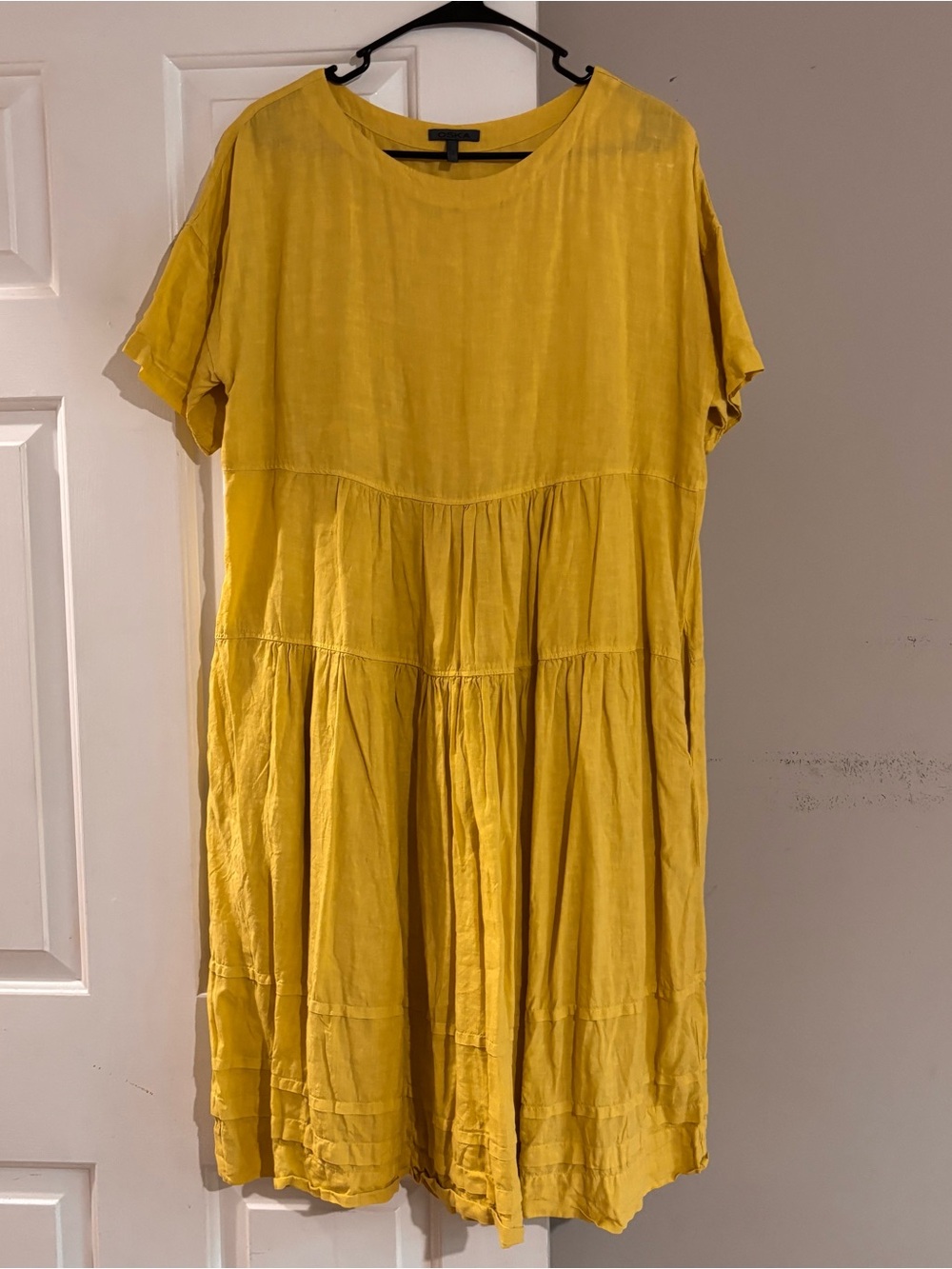OSKA Yellow Tiered Short Sleeve Linen Dress
